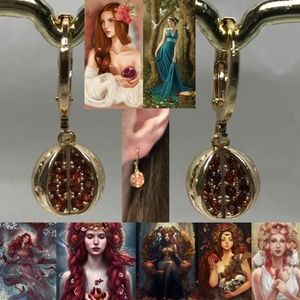 Persephone Greek Goddess Pomegranate Gold Hoop Handmade Earrings Red Zirconia